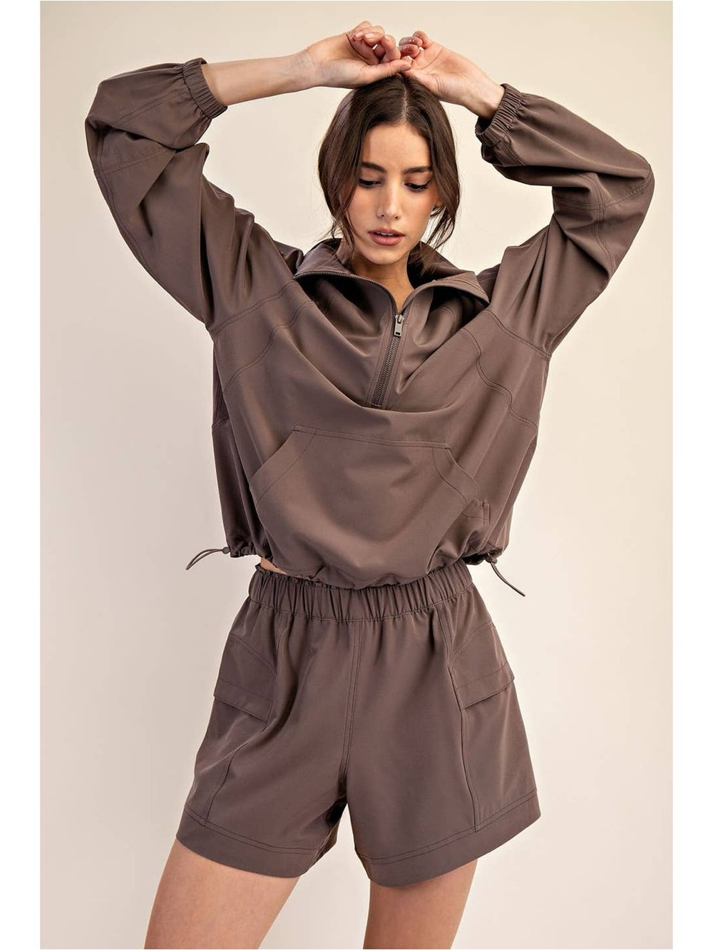 Women’s Taupe Short Pajama Set — Pullover Top & Elastic-Waist Shorts